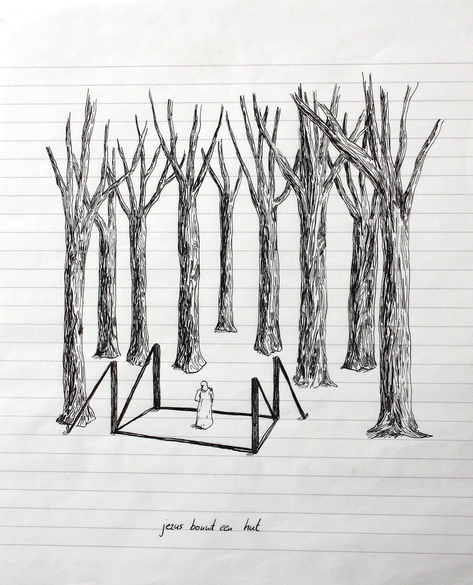 Jezus bouwt een hut 1995. Pen on paper, circa 30x20 cm.