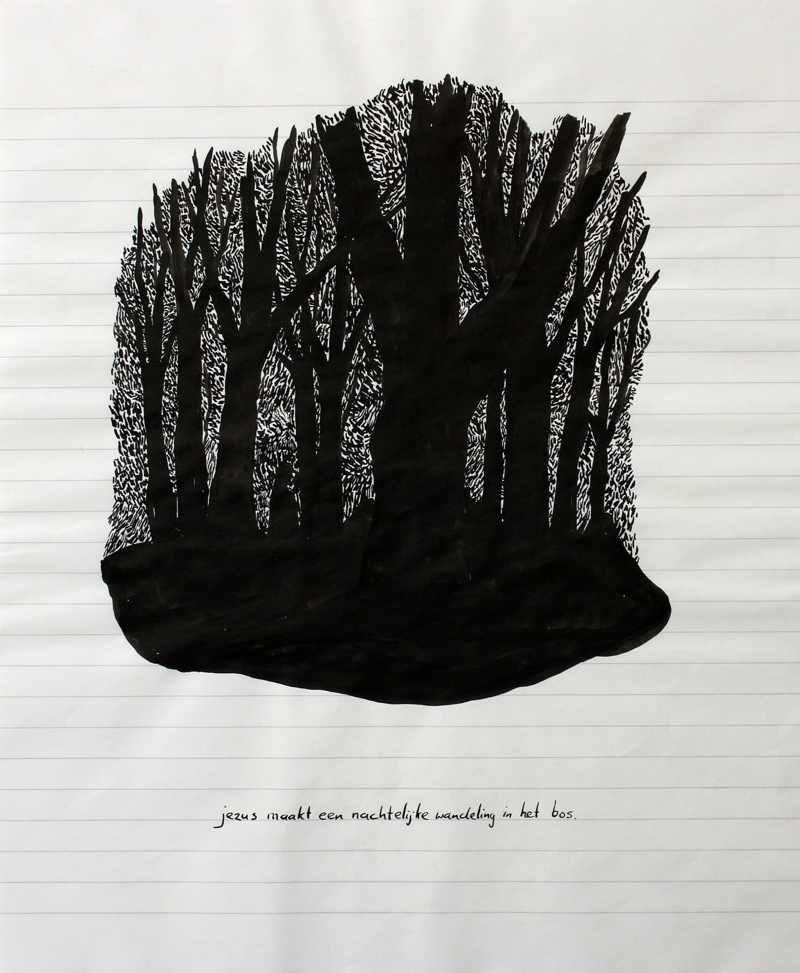Jezus maakt een nachtelijke wandeling door het bos 1995. Pen on paper, circa 30x20 cm.